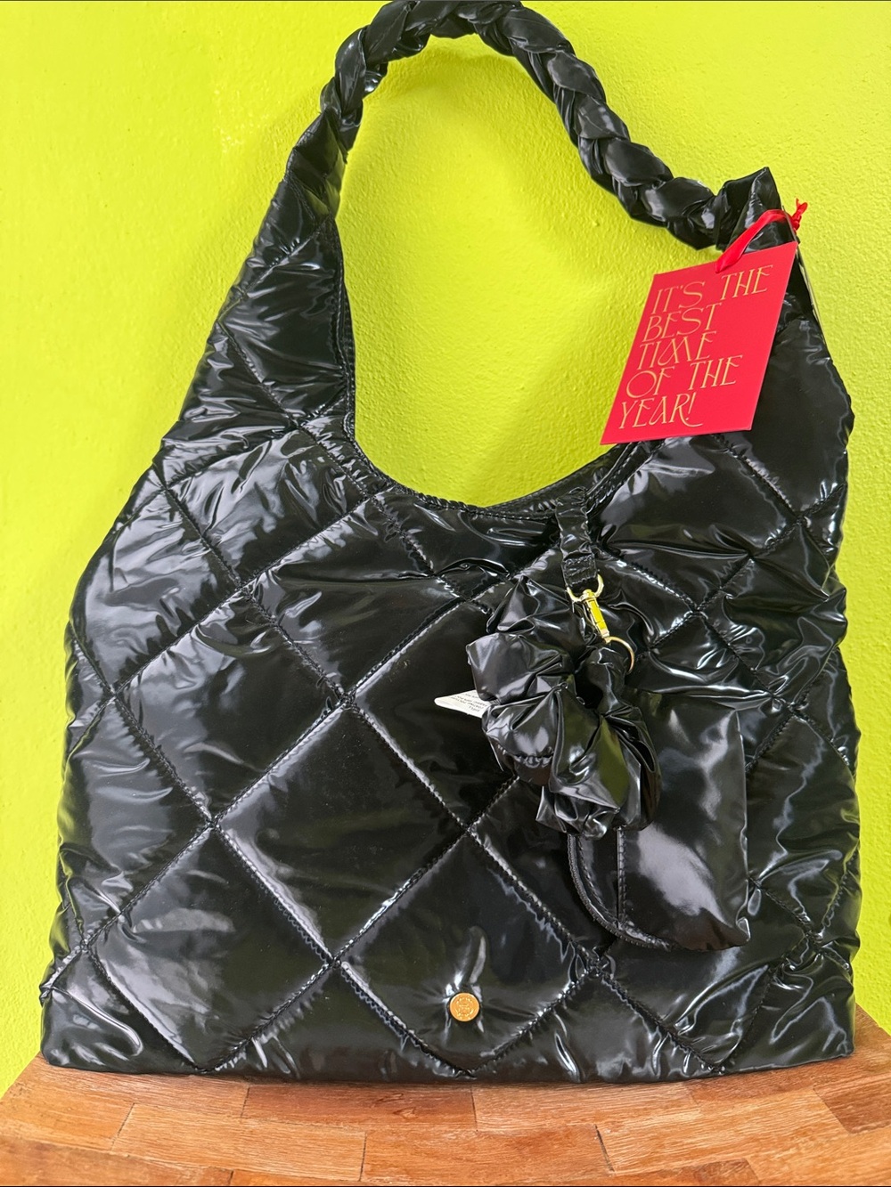 House of Harlow 1960 Quilted Glossy Black Shoulder Bag with Braided Handle